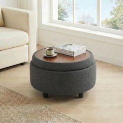Round Storage Ottoman, Multi-Functional Footrest and Coffee Table with Reversible Tray Lid, Dark Grey