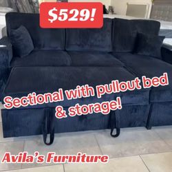 New Sectional With pullout Bed & Storage! 
