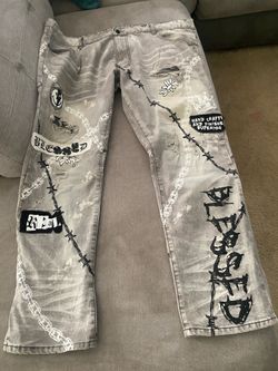Gray Distressed Graphic “Blessed” Jeans with Chain & Barbed Wire Accents