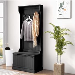 28" 3-in-1 Entryway Hall Tree with Storage Bench, Coat Rack with Four Hooks and Shoe Storage, Black New in Box Retail $265