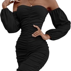 Ruched Off Shoulder Lantern Sleeve Bodycon