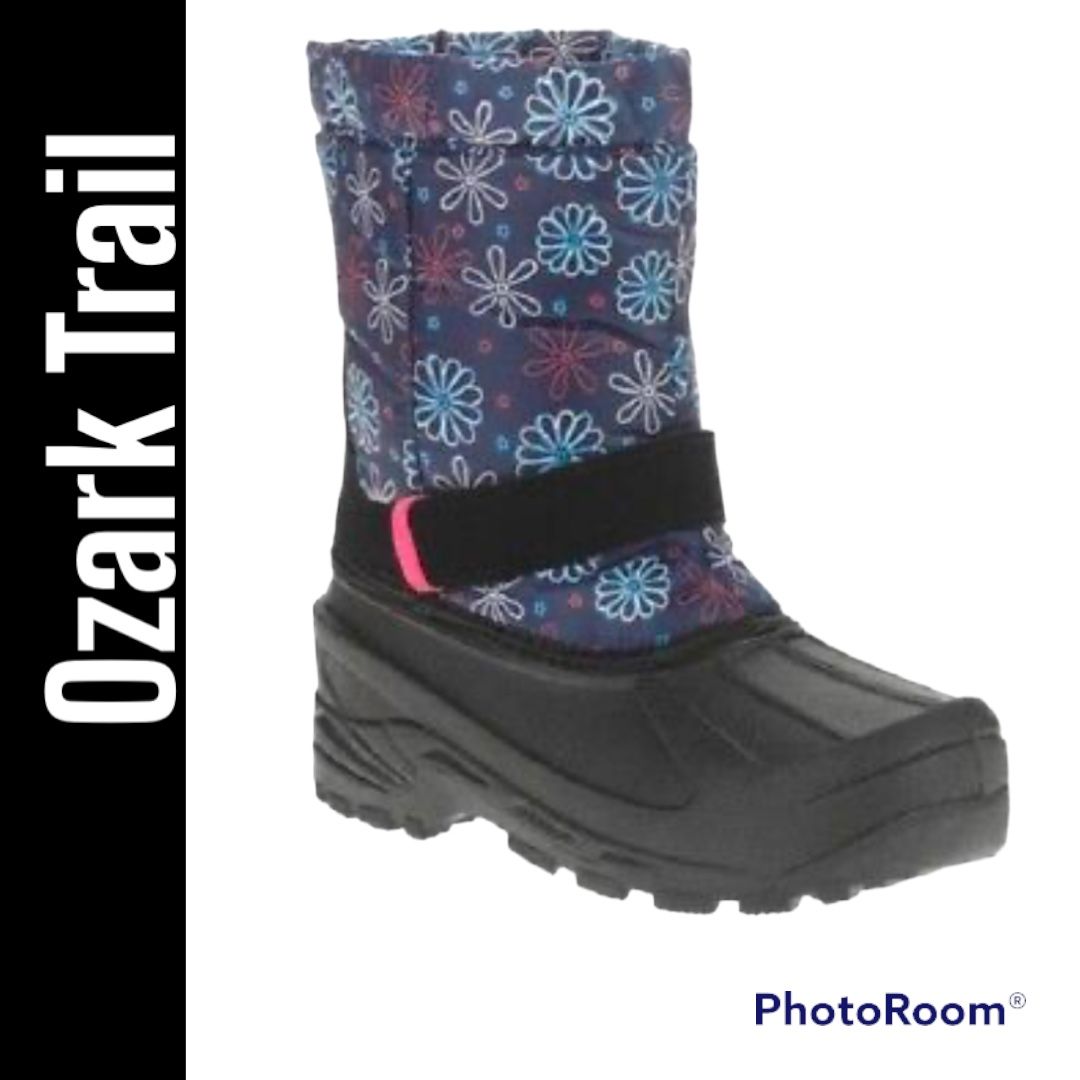 Ozark Trail insulated girls snow boots winter rubber rain size 1 navy floral