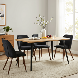 Homy Casa LANCELOT+KALI 5PC Dining Set 63" Table with 4 Kali Charcoal Fabric Chairs Walnut Metal Legs