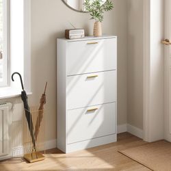 Shoe cabinet with 3 folding drawers for entrance, white, thin, freestanding, modern, narrow, shoe organizer, cabinet for hallway, living room