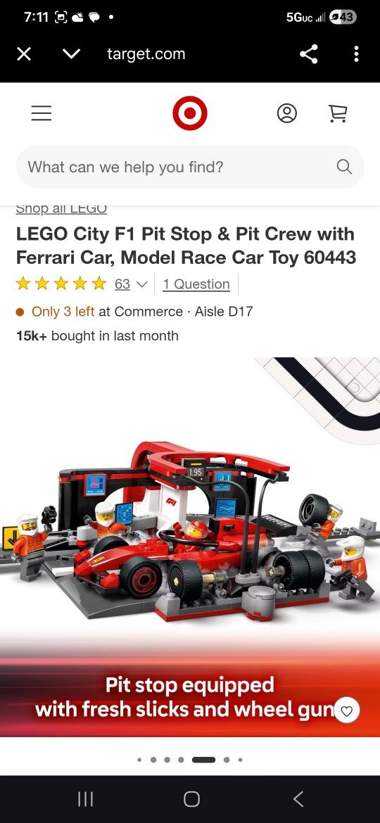 Brand New Sealed LEGO City F1 Pit Stop & Pit Crew with Ferrari Car, Model Race Car Toy 60443