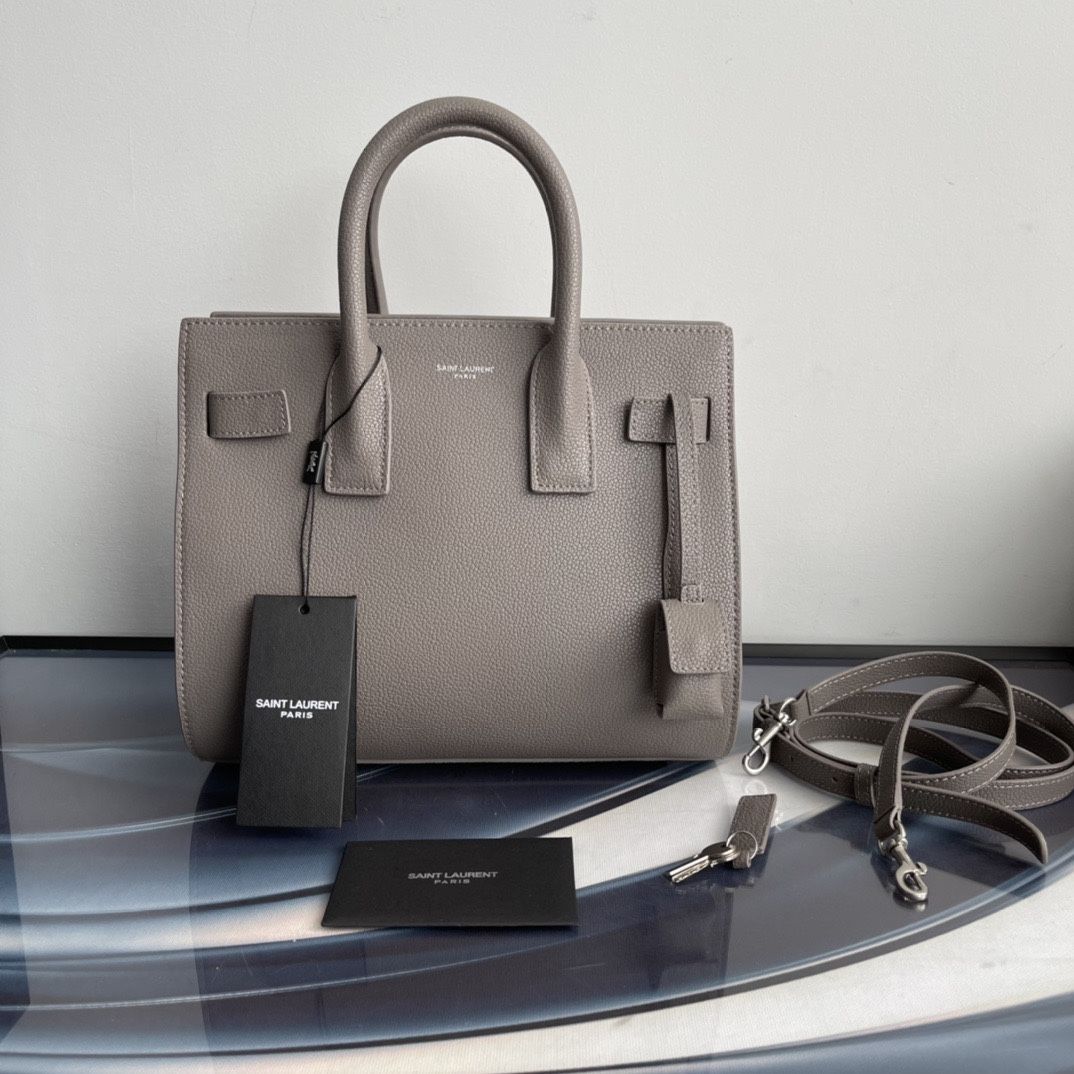 SAINT LAURENT Grained Calfskin Topstitch Small Sac De Jour Grey 26CM