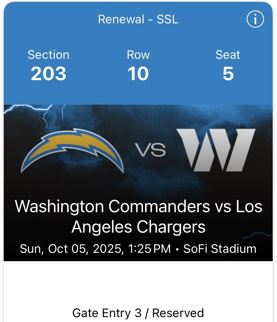 Washington Commanders at Los Angeles Chargers 3 Tickets Plaza Level (203)