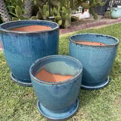 Teal Green Ceramic Pots-Planters With Saucer Attached ($65 set of 3)