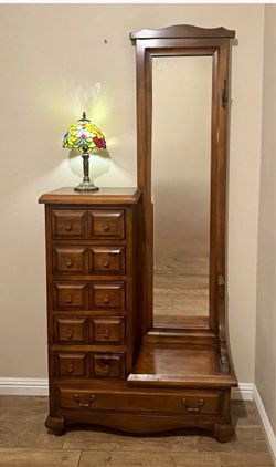 Excellent Condition, RARE Antique Wood Hall Tree w/ Long Mirror, 8 Drawers