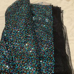 5 yds L x 60” sequined mesh fabric — black netting covered with dense iridescent/multicolor sequins