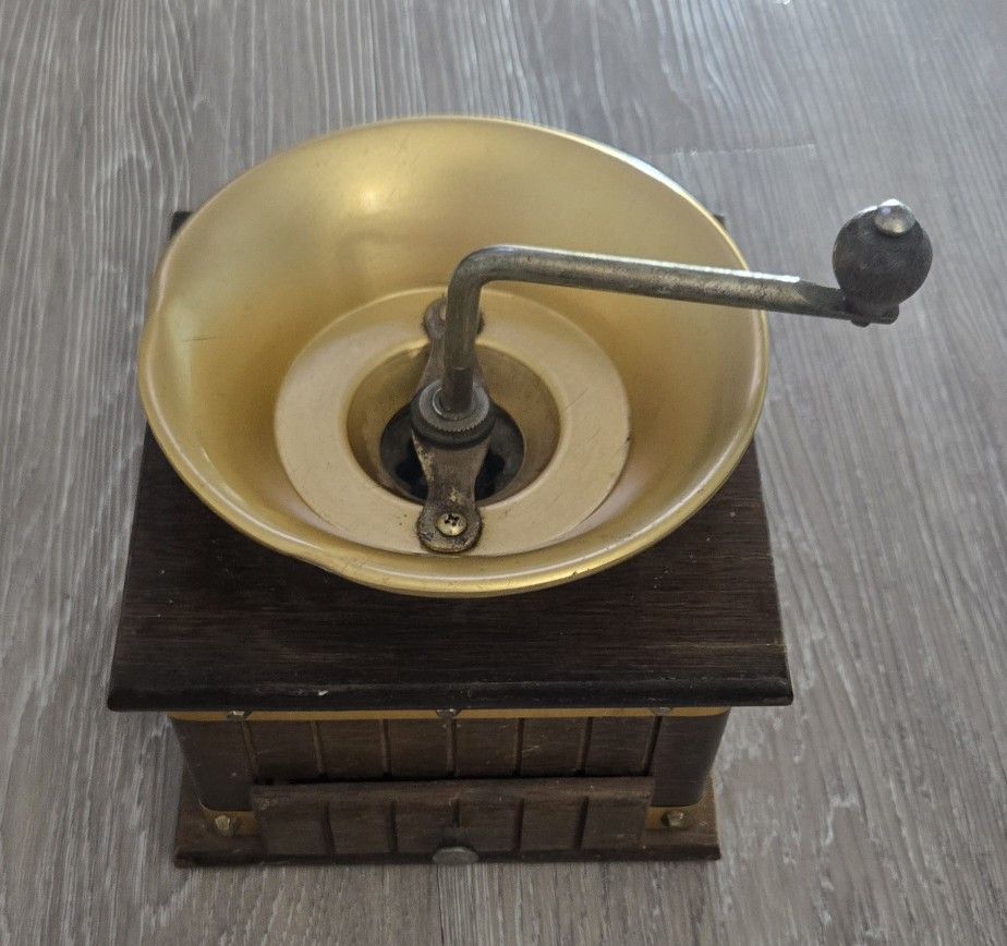 Vintage Japanese Made Wood and Brass Metal Coffee Grinder Mill