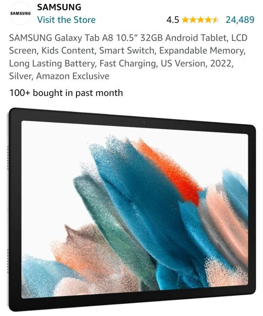 Used. Samsung Galaxy A8 Tablet. Silver. 32GB Ram with Green Kids Case.