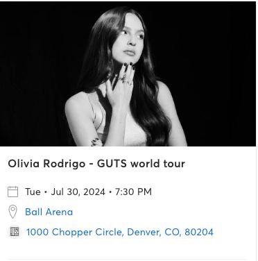 Olivia Rodrigo GUTS World tour July 30th @ Ball Arena Denver