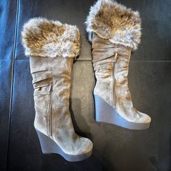 Women’s Nine West Wedged Heel Boots NWESTRADA 7.5 M Taupe Suede And Faux Fur - New With Box