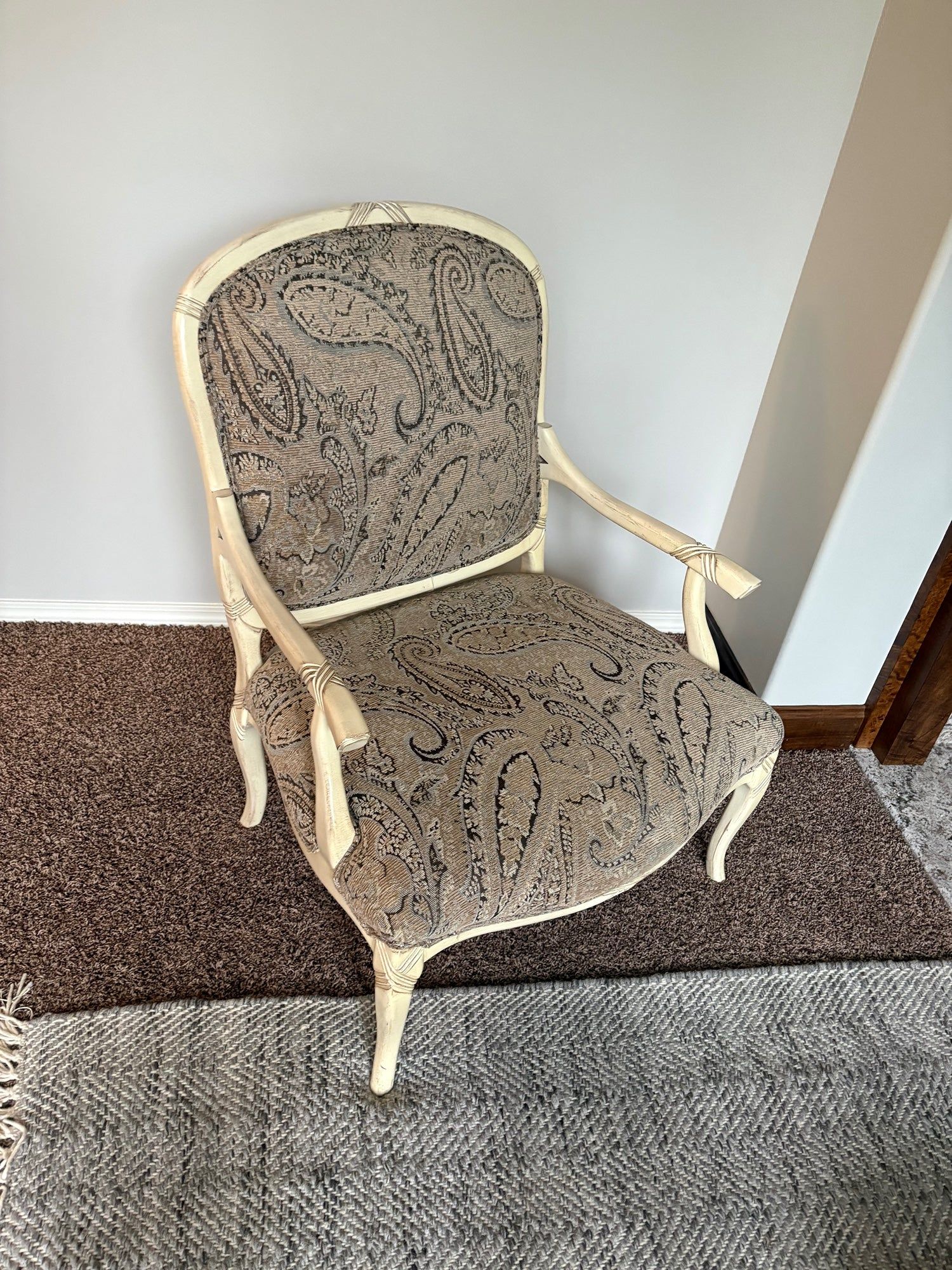 Vintage Style Cream Wood Frame Accent Chair with Paisley Upholstery