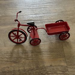 Vintage Mini Red Metal Retro-Style Trike / Tricycle Pulling Wagon (Dollhouse Miniatures, Fairy Garde