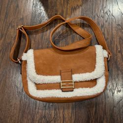 Glamorous Brown Faux Suede Sherpa Trim Crossbody Shoulder Bag