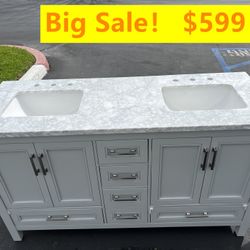 60”white double sink bathroom vanity with carrara white marble stone top