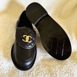 Chanel CC Quilted Black Leather Loafers Gold Hardware Women’s Flats