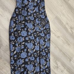 Lulus Strapless Floral Jacquard Midi Dress Black Blue Side Slit Bow Detail  S