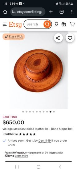 Vintage Mexican Embossed Handmade Hand-Tooled "RUBY" Brown Leather Hat SZ Medium