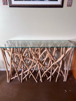 47” Teak branch glass top console table