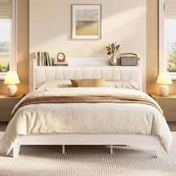 California King Bed Frames, PU Leather Storage Headboard with Charging Station,