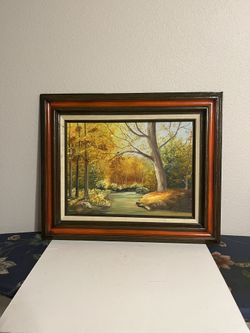 Vintage Original Framed Autumn Foliage Scene Oil or Acrylic Painting on Canvas, 21.5”x19”