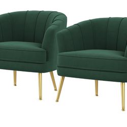 Round Barrel Accent Chairs Set of 2 VelvetMordern Comfy Arm Sofa Chairs for Living Reading Vanity Room Cafe Corner Chair with Metal Legs, Green