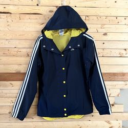 Adidas Women’s Navy Blue Yellow Snap Closure Hoody Windbreaker Jacket Size S