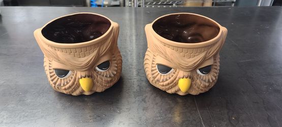 2 Matching Vintage 2 Faced Ceramic Handpainted Owl Head Planters