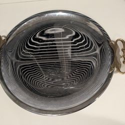 VINTAGE KROMEX CHROME METAL SERVING TRAY PLATTER ROUND WITH BRASS HANDLES 17"