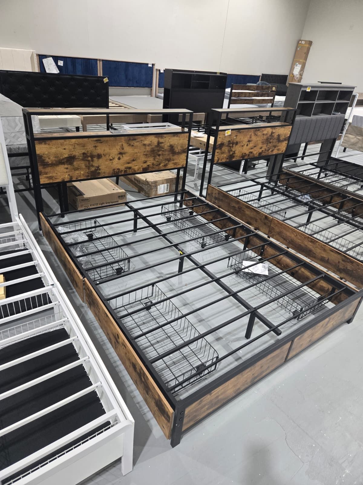 New Queen Bed Frame with 2-Tier Storage Headboard, Metal Platform Bed Frame with 4 Storage Drawers, Built in Charging Station & LED, Noise-Free/Metal