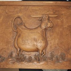 Wood Carved Bull/ Happy Cow