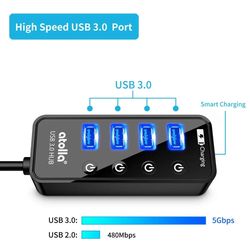 4-Port USB 3.0 Hub with 4 Data Ports, 1 Smart Charging Port, Individual On/Of..