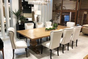 Large Wood Dining Table with 8 Upholstered Chairs