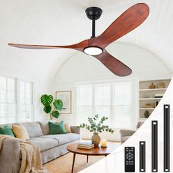 60 Inch Ceiling Fan with Light and Remote, Wood Outdoor Ceiling Fan with Light for Patios Gazebo Living Room Bedroom Modern 3 Blade High CFM Wet Rated