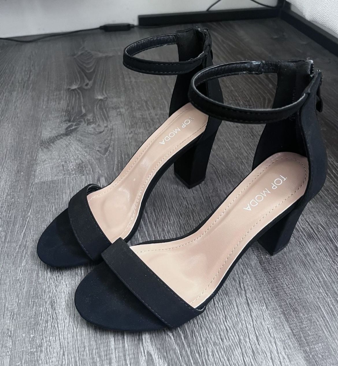 Black Suede Open Toe Heels Size 8