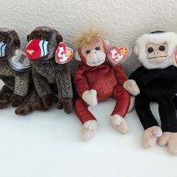 Vintage Lot of 4 Ty Beanie Babies Primates!  Cheeks, Cheeks, Schweetheart, and Mooch!  All have both tags and some tag covers!