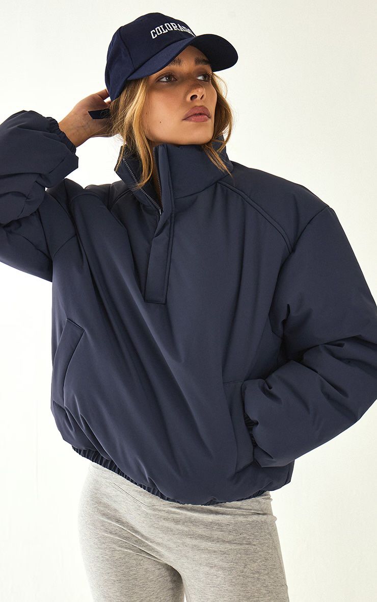 Prettylittlethings NAVY HIGH NECK CROPPED PUFFER JACKET