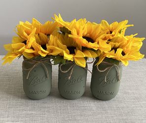 Chalk Painted & Distressed Mason Jar Vases w/faux Greenery Included 3 For $16