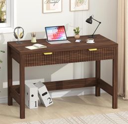 32 Inch Small Fluted Computer Desk with 2 Drawers for Bedroom, Home Office,Walnut