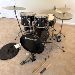 Ludwig Backbeat complete 5 piece drum set fusion size 22” bass new quiet cymbals stands hi hat pedal throne $435 cash in Upland 91784