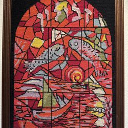 VIBRANT BEAUTIFUL Vintage Stained Glass Copy In Needlepoint. 