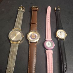 Lot Of 4 Women's Timepieces - Wardrobe Refresh, Dress & Casual All With New Batteries & Leather Straps, Works Perfectly SEE DESCRIPTION