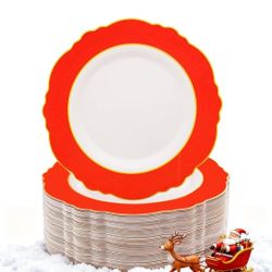 60pcs Red Christmas Plastic Plates with Gold Rim - 10.25inch Red Dinner Plates Disposable Plates Table Decor for Christmas
