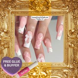 Pink French & Lace Ballet Bow Press On Nails 24 Pc Set - FREE GLUE & BUFFER