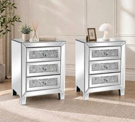 pre-assembled Mirrored Nightstand Set of 2, Mirrored Side/End Table for Living Room, Glass Silver Nightstand, Crushed Glass Mirror Night Stand, Contem