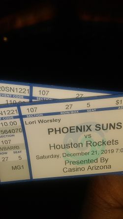 Suns vs Rockets tonight!!! Lower level 107 row 27 $130 each. Meet at venue