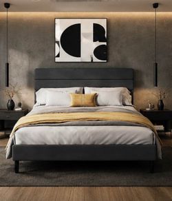 Brand New Queen Upholstered Platform Bed Frame – No Box Spring Needed – Gray